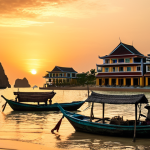 **

A stunning coastal resort in Vietnam, inspired by traditional fishing boats. Focus on the warm sunset lighting and the connection between the resort and the local fishermen in the background. Capture the sense of tranquility and cultural immersion.

**