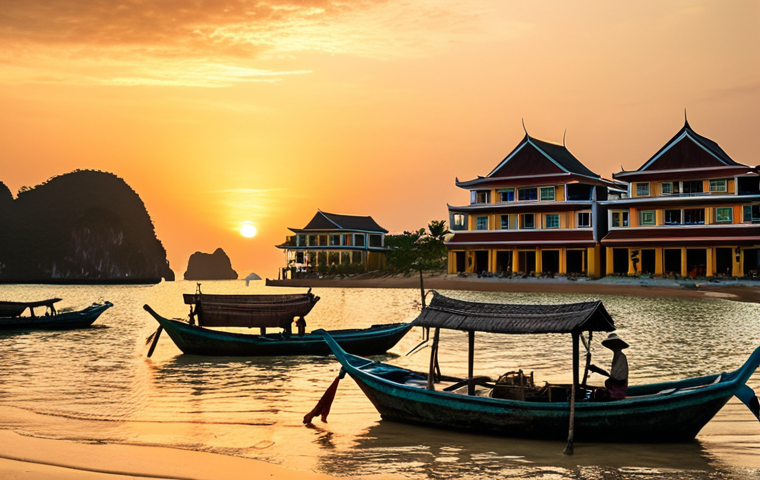 **
A stunning coastal resort in Vietnam, inspired by traditional fishing boats. Focus on the warm sunset lighting and the connection between the resort and the local fishermen in the background. Capture the sense of tranquility and cultural immersion.
**